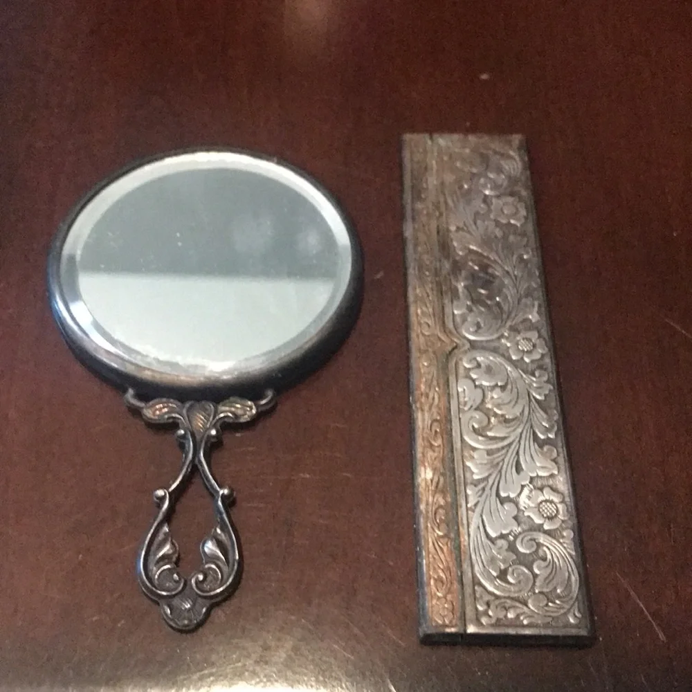 Antique silver small mirror and comb set